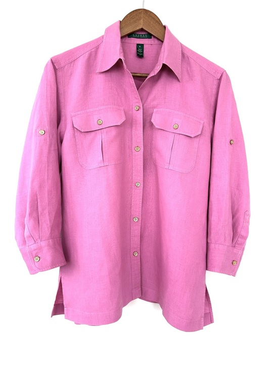 Lauren Ralph Lauren Tops - Lauren Ralph Lauren Pink Utility Button-Up Shirt, Roll Tab Sleeves, 💯 Linen